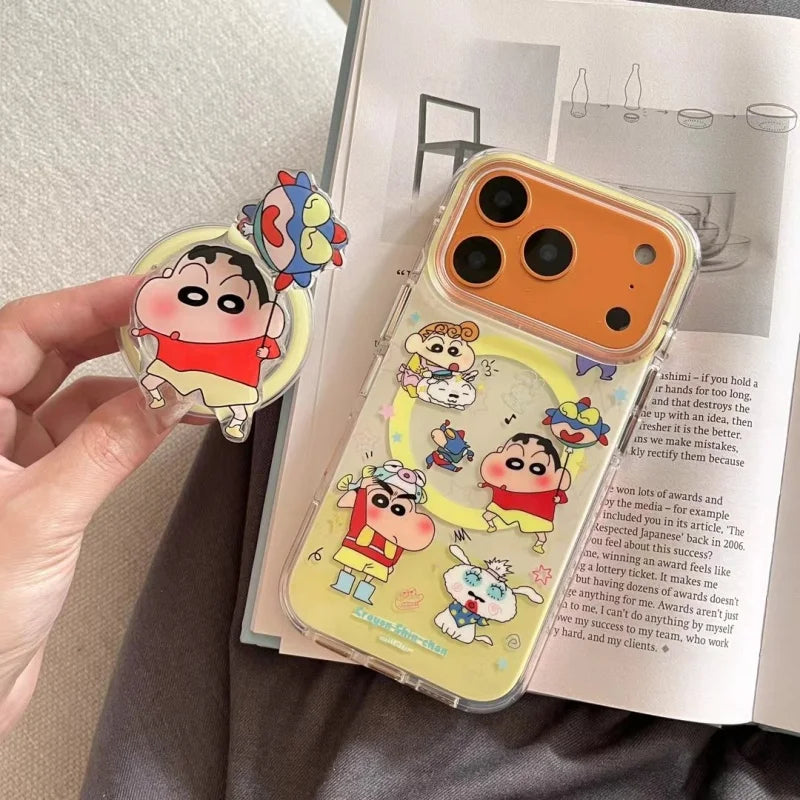 Cute Crayon Shin-chan Magsafe Wireless Charge Case For iPhone 13 14 15 16 17 Pro Max Cartoon Superman Shin-chan Magnetic Stand