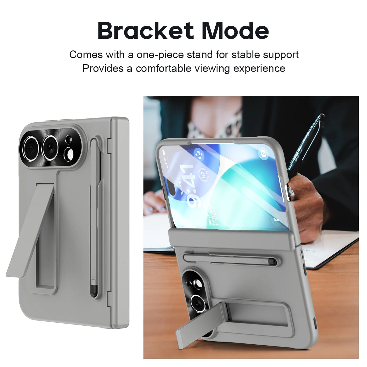 A gray foldable phone case with a built-in stand and pen slot, shown in two views on a white background with marketing text. The left view shows the case closed with the stand folded out, and the right view shows the case holding a smartphone on a desk with a person visible in the background.