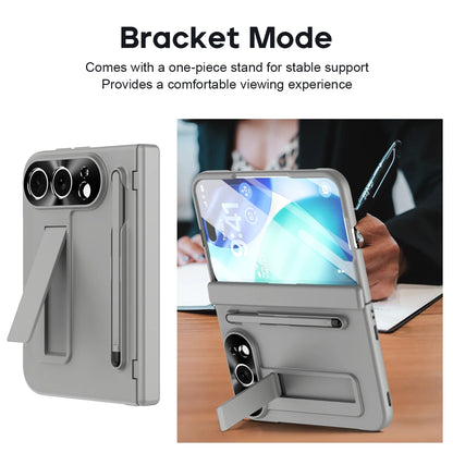 A gray foldable phone case with a built-in stand and pen slot, shown in two views on a white background with marketing text. The left view shows the case closed with the stand folded out, and the right view shows the case holding a smartphone on a desk with a person visible in the background.