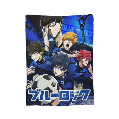 A rectangular printed blanket or mat featuring anime characters from Blue Lock, including a soccer ball graphic and the Blue Lock logo, shown on a plain white background.