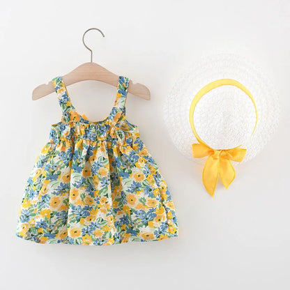 2Pcs/Set Flowers Baby Girl Dresses Summer Fashion Toddler Children Clothes Beach Smooth Dress Kid's Costume + Hat 0 To 3 Y