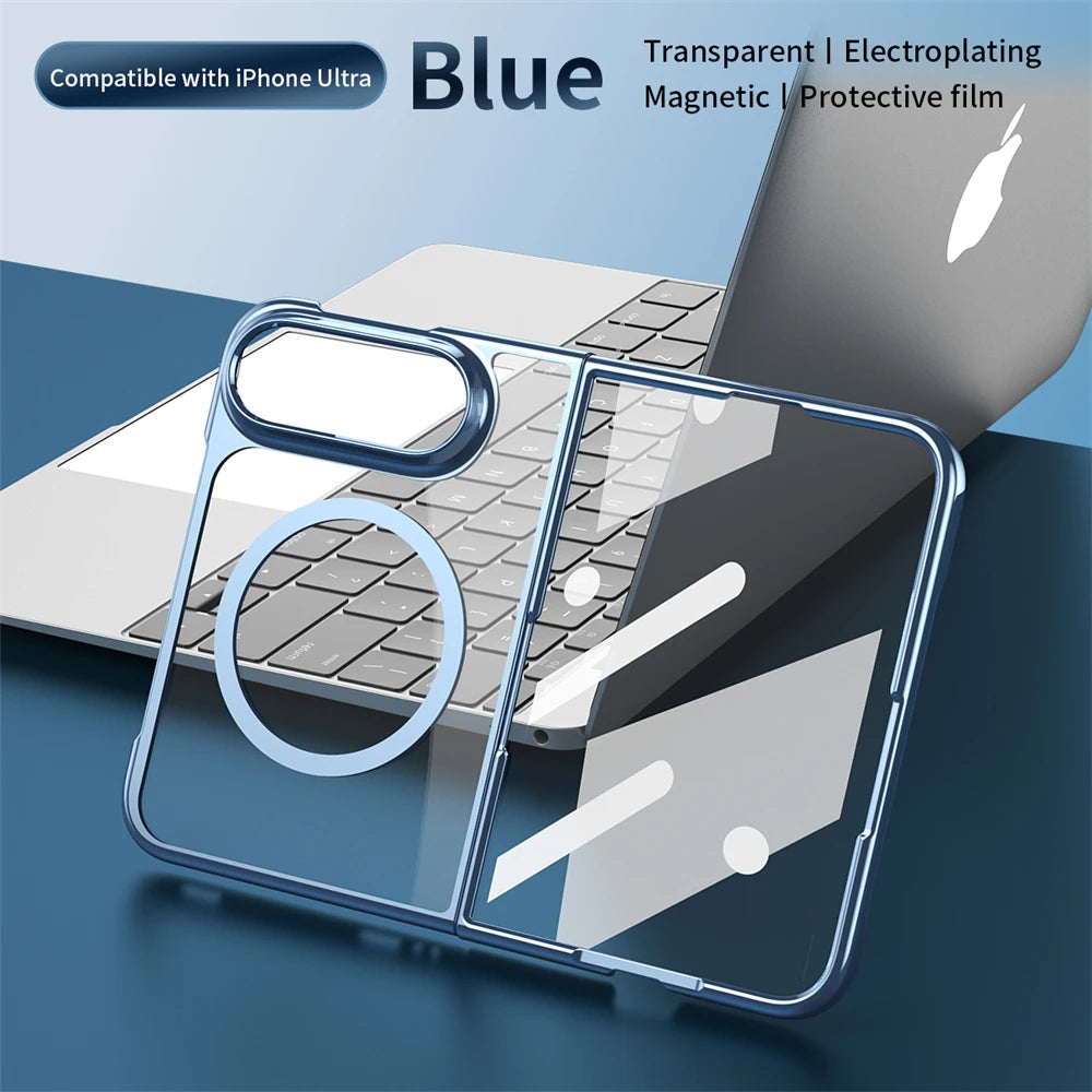 Transparent blue magnetic phone case with a circular MagSafe ring, shown fitted on a smartphone in front of a laptop on a blue surface. Text at the top says compatible with iPhone Ultra and highlights transparent, electroplating, magnetic, and protective film features.