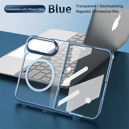 Transparent blue magnetic phone case with a circular MagSafe ring, shown fitted on a smartphone in front of a laptop on a blue surface. Text at the top says compatible with iPhone Ultra and highlights transparent, electroplating, magnetic, and protective film features.