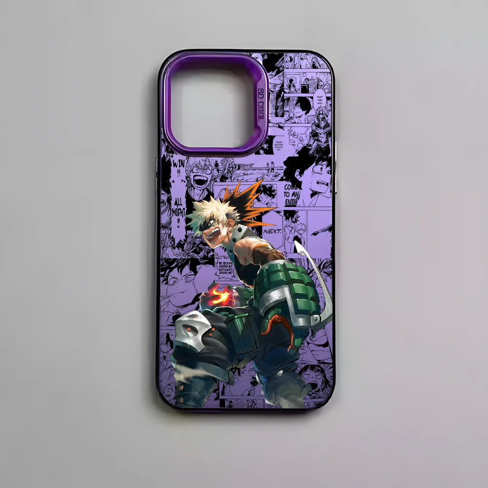 Katsuki Bakugo Anime Phone Case for iPhone 16 15 14 13 12 11 Pro Max - Black Matte Multicolor Laser Metallic Aurora Cover