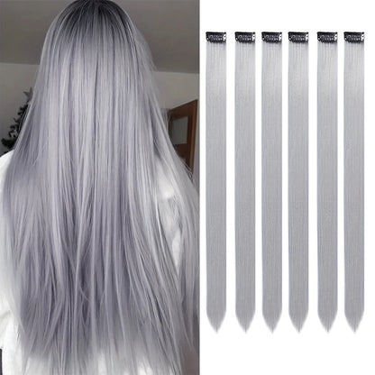 Clip in Hair Extensions 6pcs/pack Colored Party Highlights 22 inches Multi-colors Straight Hair Synthetic Hairpieces Purple Pink