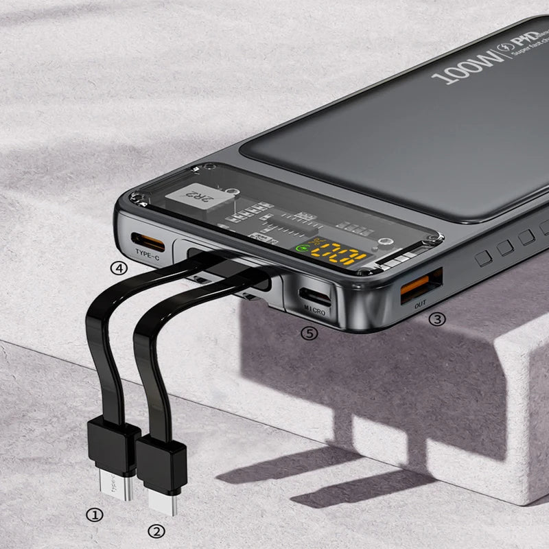 Power Bank With Cables 100W Super Fast Charging Powerbank Portable For iPhone Samsung External Battery
