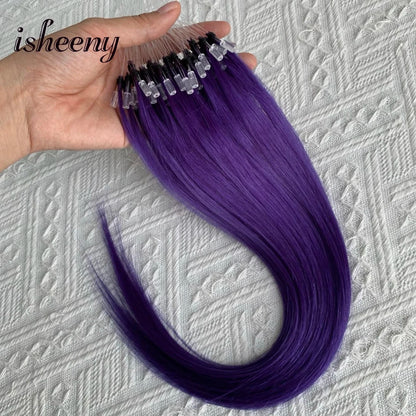 Micro Loop Ring Link Hair 100% Human Hair Extensions Real Remy Fancy Color 12-20 inches Striaght Purple Hair Extensions isheeny