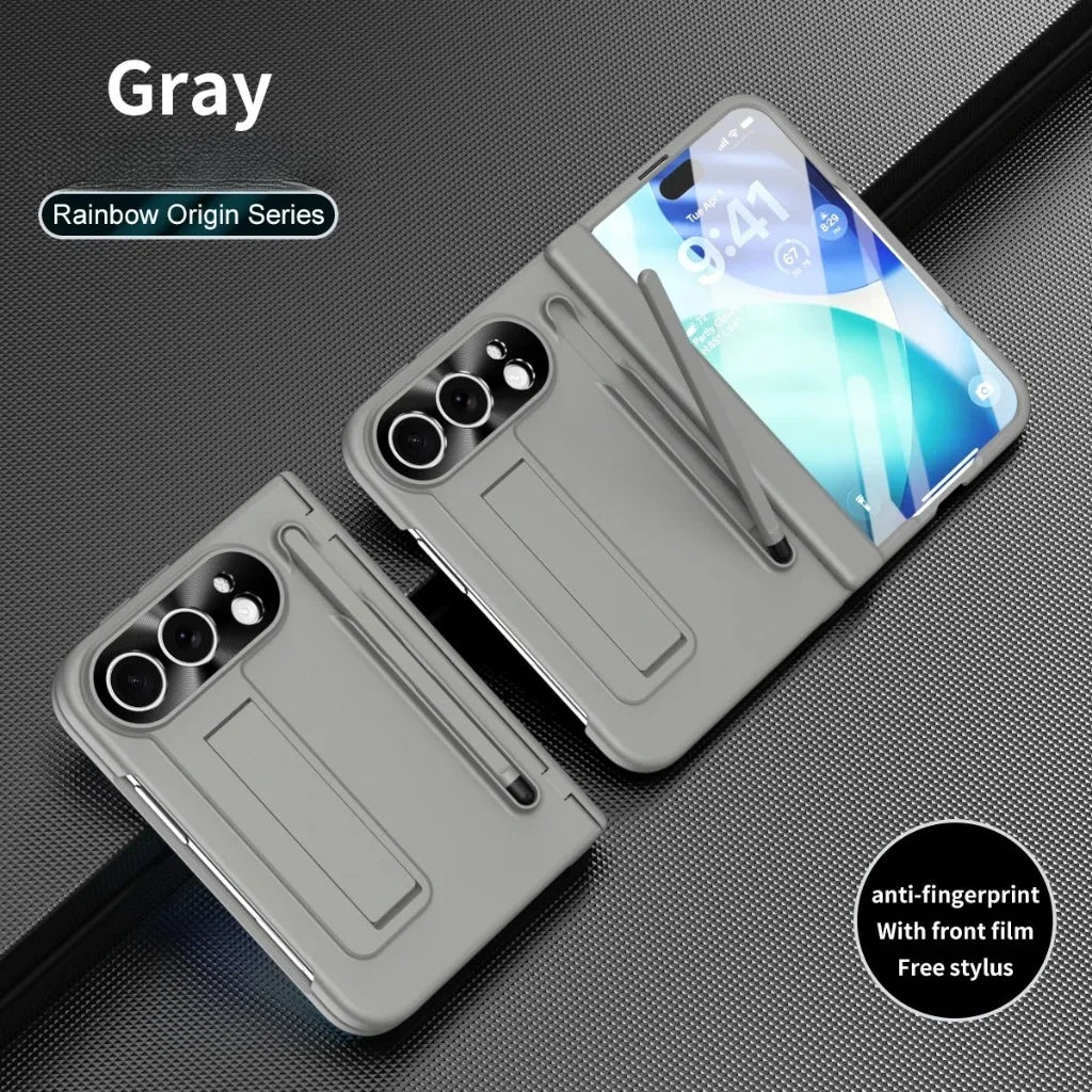 Gray protective phone case shown from two angles on a dark textured background, with a phone inserted in the case and text reading 'Gray', 'Rainbow Origin Series', and 'anti-fingerprint With front film Free stylus'.
