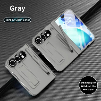 Gray protective phone case shown from two angles on a dark textured background, with a phone inserted in the case and text reading 'Gray', 'Rainbow Origin Series', and 'anti-fingerprint With front film Free stylus'.