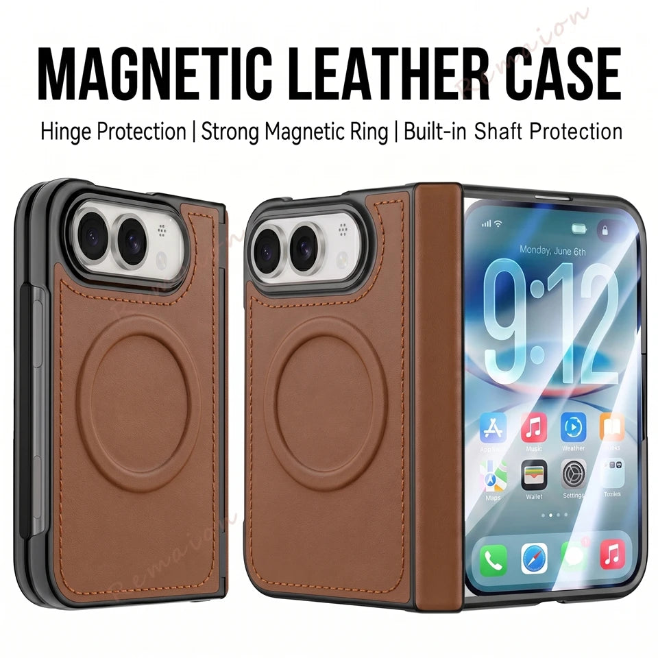 Brown magnetic leather phone case shown from the back and side, with a smartphone inserted on the right. Text at the top reads 'MAGNETIC LEATHER CASE' with feature callouts including hinge protection, strong magnetic ring, and built-in shaft protection.