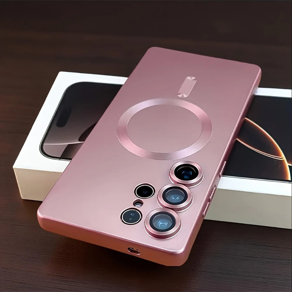Pink smartphone case on a dark surface with a blurred background