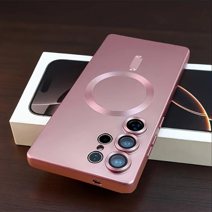 Pink smartphone case on a dark surface with a blurred background