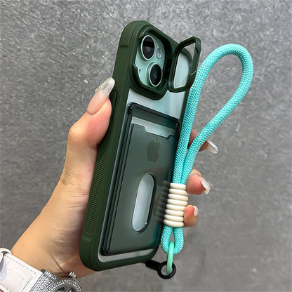 Acrylic Card Holder Fold Camera Bracket Clear Case for iPhone 16 15 14 13 12 11 Pro Max Plus Wrist Hand Strap Shockproof Cover