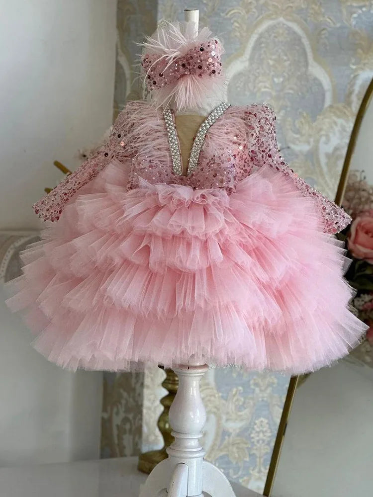 Luxury Girl Party Dress Birthday Party Evening Dress First Formal Christmas Gift Girl Sequins Stage Performance Pink Dress