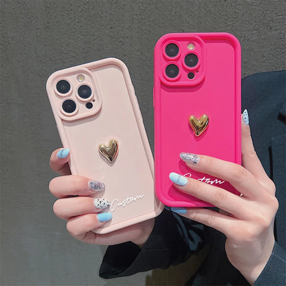 3D Gold Love Heart Personalized Custom Name Case For iPhone 16 15 14 13 12 11 Pro Max X XS XR 7 8 Plus Silicone Candy DIY Cover