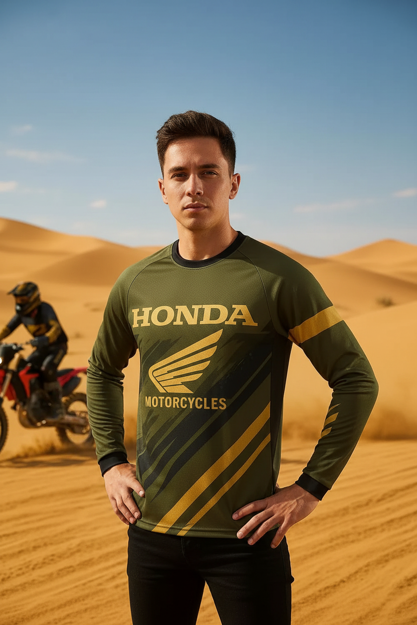 A man wearing a green and gold long-sleeve Honda Motorcycles jersey stands in a desert setting with sand dunes and a motorcycle rider in the background.
