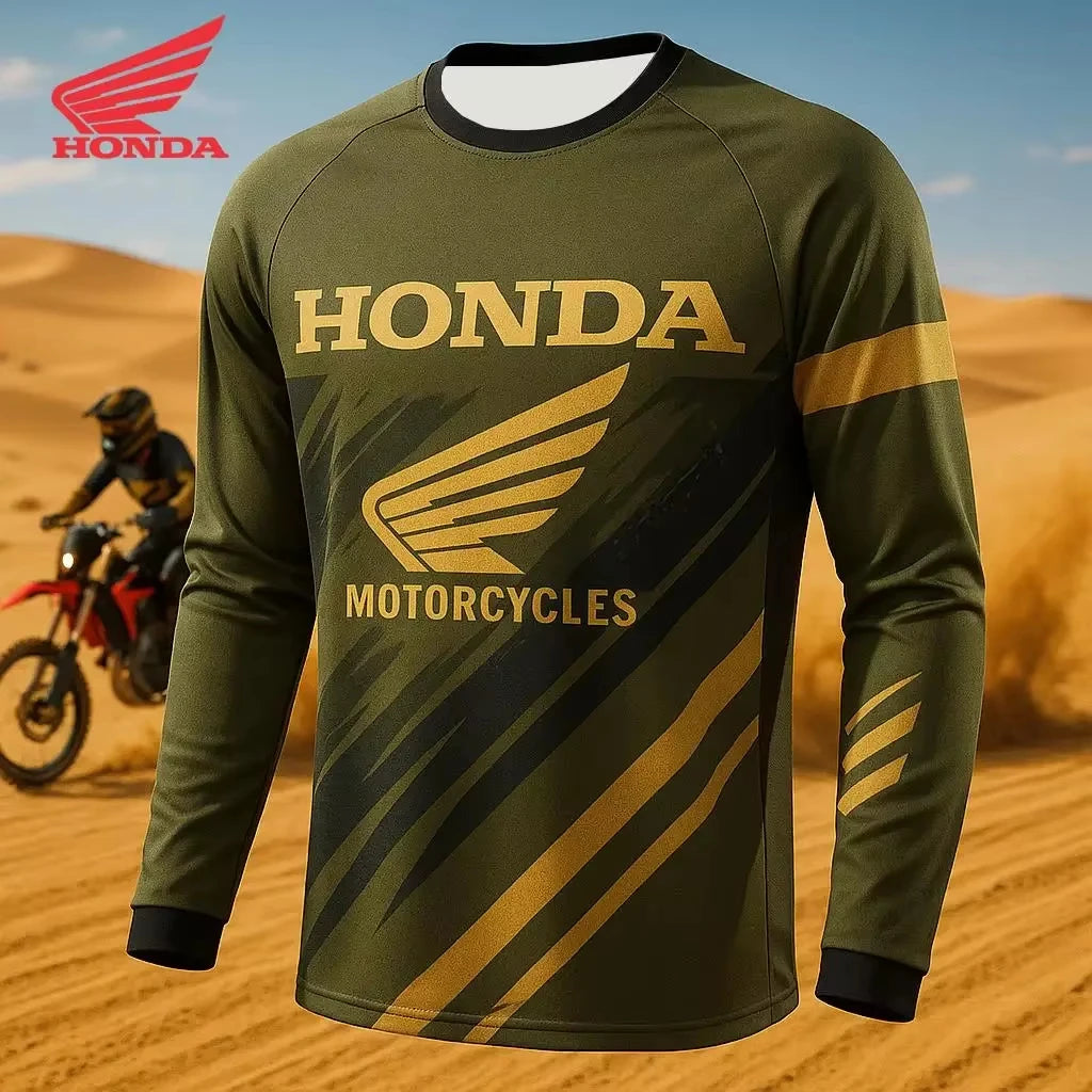 Green Honda Motorcycles jersey with desert and rider in the background