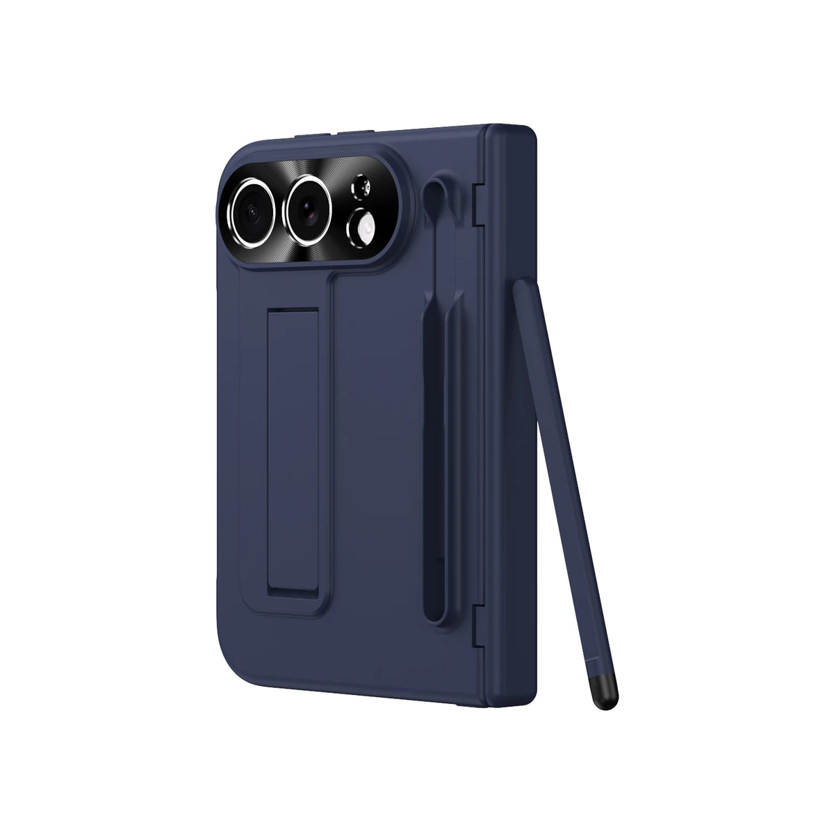 A dark navy blue protective phone case with a built-in kickstand, shown from a three-quarters angle on a solid white background.