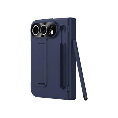 A dark navy blue protective phone case with a built-in kickstand, shown from a three-quarters angle on a solid white background.