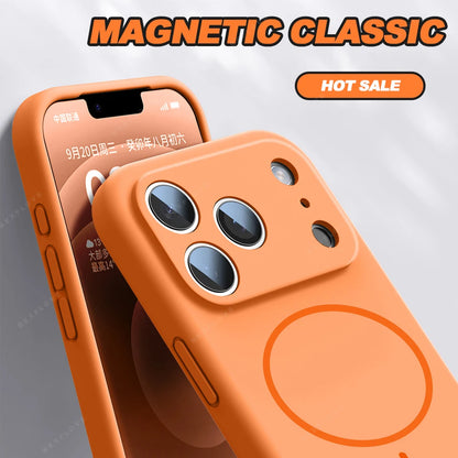 An orange magnetic phone case shown fitted on a smartphone, with large camera cutouts and a circular magnetic ring on the back. The image includes promotional text reading 'MAGNETIC CLASSIC' and 'HOT SALE' on a light gray background.