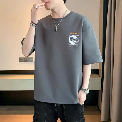 2025 Summer New Men's Short Sleeve T-Shirt Hong Kong Style Loose Fit Versatile Ice Silk Thin Clothing Youth Trendy