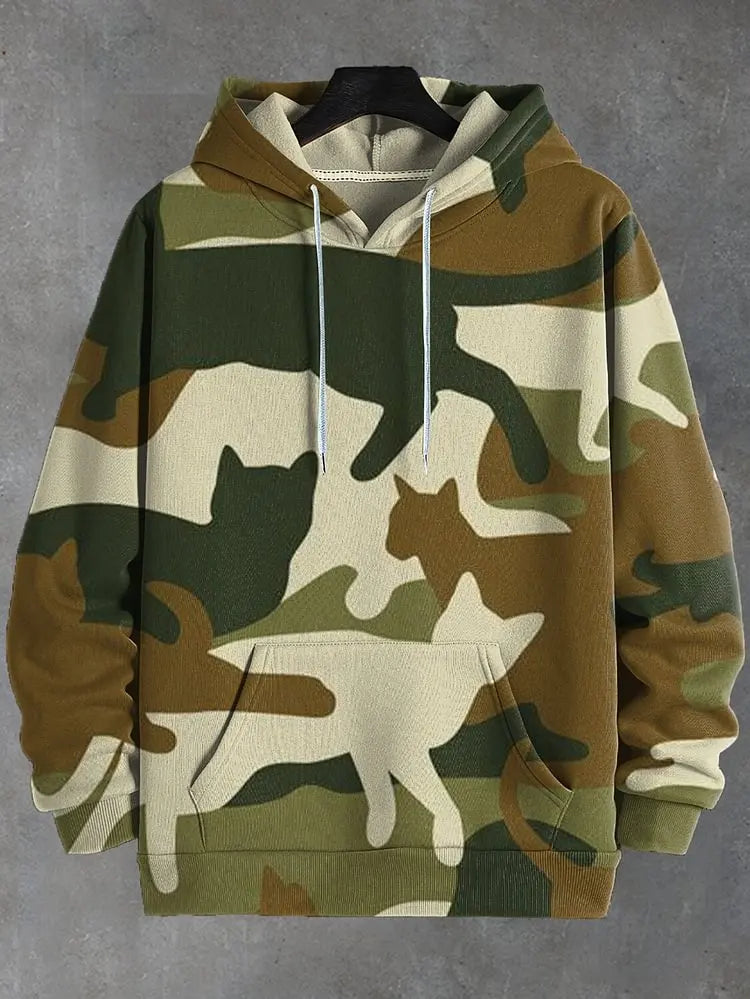 Camouflage-patterned hoodie with cat designs on a gray background