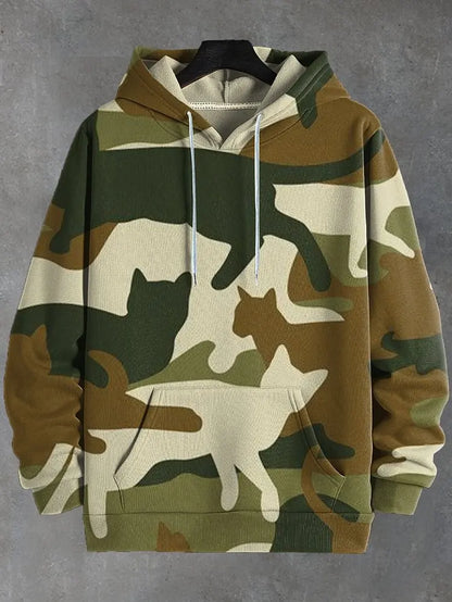 Camouflage-patterned hoodie with cat designs on a gray background