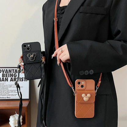 Cartoon Diamond Leather Wallet Soft Case for IPhone 14 13 11 15 Pro Max 12 Mini XS XR X 8 7 Plus SE2022 14Pro With Lanyard Cover