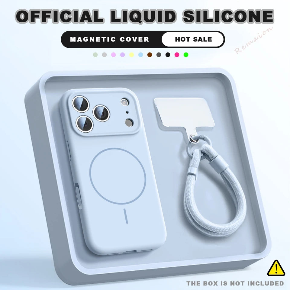 A light blue magnetic liquid silicone phone case with a matching wrist strap, presented inside a gray tray. The image includes promotional text overlays reading 'OFFICIAL LIQUID SILICONE', 'MAGNETIC COVER', and 'HOT SALE'.