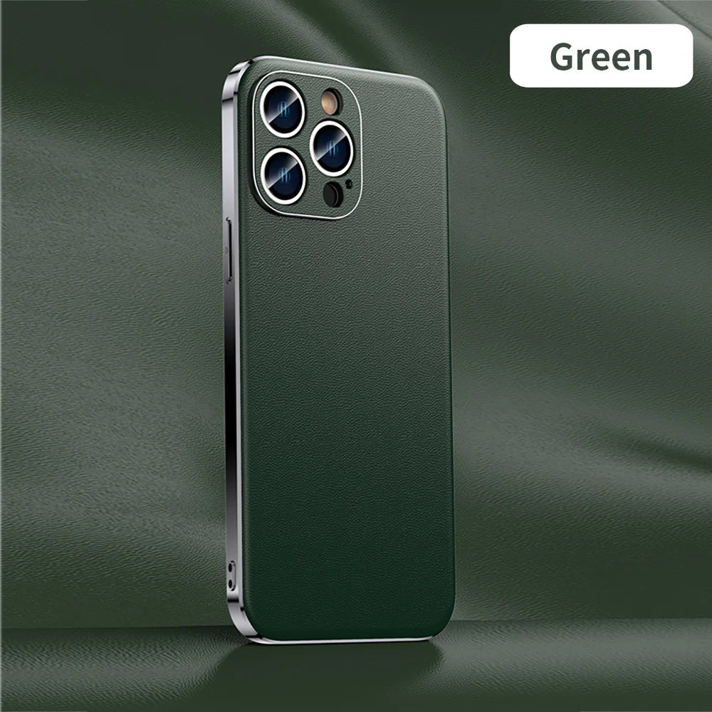 Genuine Cowhide Leather Phone Case for iPhone 16 15 11 12 13 14 Pro Max Luxury Plating Shockproof Lens Protection Back Cover