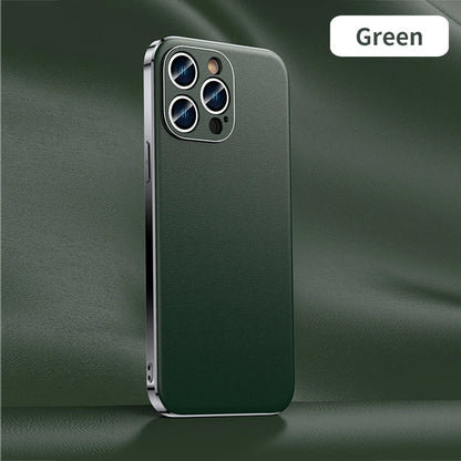 Genuine Cowhide Leather Phone Case for iPhone 16 15 11 12 13 14 Pro Max Luxury Plating Shockproof Lens Protection Back Cover