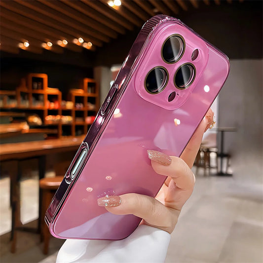 Luxury Plating Bumper Armor Glossy Phone Case For iPhone 15 16 Pro Max 14 13 12 11 Crystal Glass Full Lens Protection Back Cover