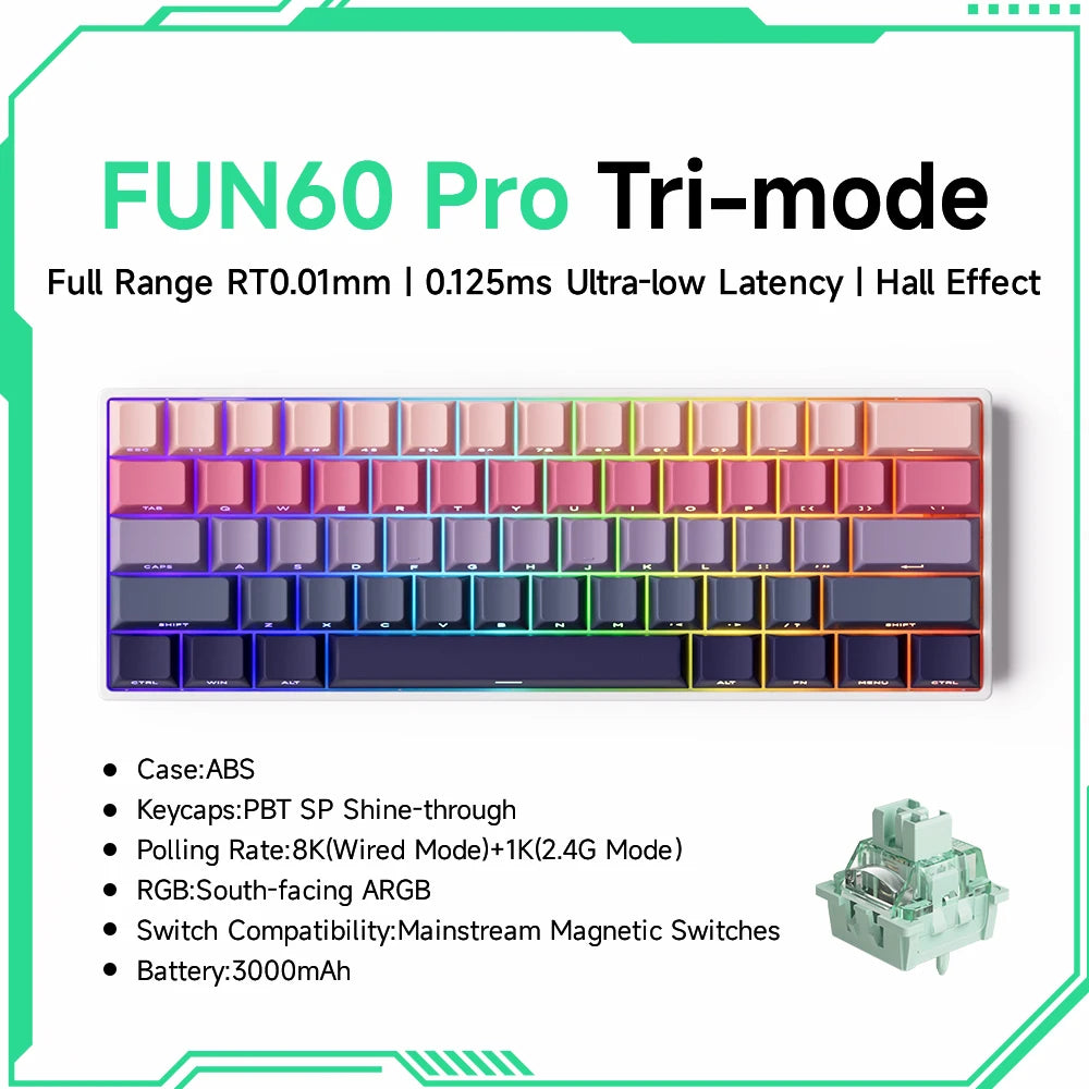 Akko MonsGeek FUN60 magnetic switch keyboard compact 60 percent RGB tri mode wireless wired with mint green magnetic switches