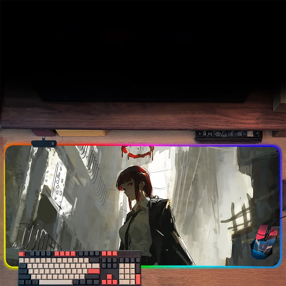 TOPTOY Makima Chainsaw Man RGB gaming mouse pad on desk with anime art RGB edge keyboard and mouse