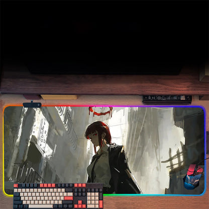 TOPTOY Makima Chainsaw Man RGB gaming mouse pad on desk with anime art RGB edge keyboard and mouse