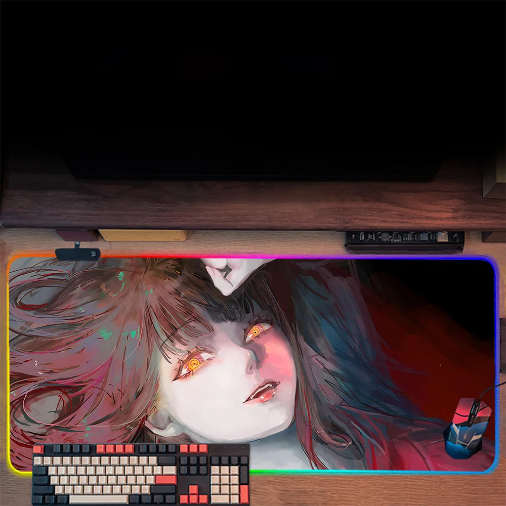 TOPTOY Makima Chainsaw Man RGB gaming mouse pad featuring Makima anime artwork on large desk mat with rainbow RGB edge