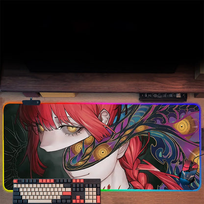 TOPTOY Makima Chainsaw Man RGB gaming mouse pad with detailed Makima portrait red hair and RGB edge