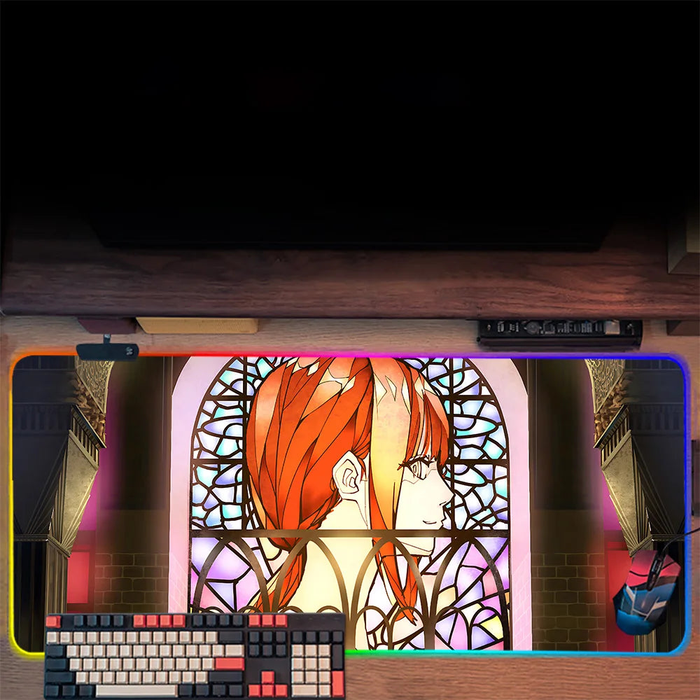 TOPTOY Makima Chainsaw Man RGB gaming mouse pad with Makima profile art and stained glass window and RGB edge
