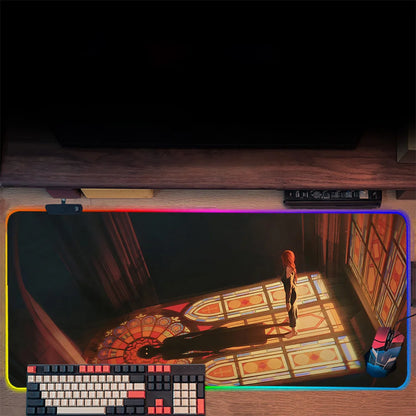 TOPTOY Makima Chainsaw Man RGB gaming mouse pad showing Makima in stained glass light with keyboard and mouse