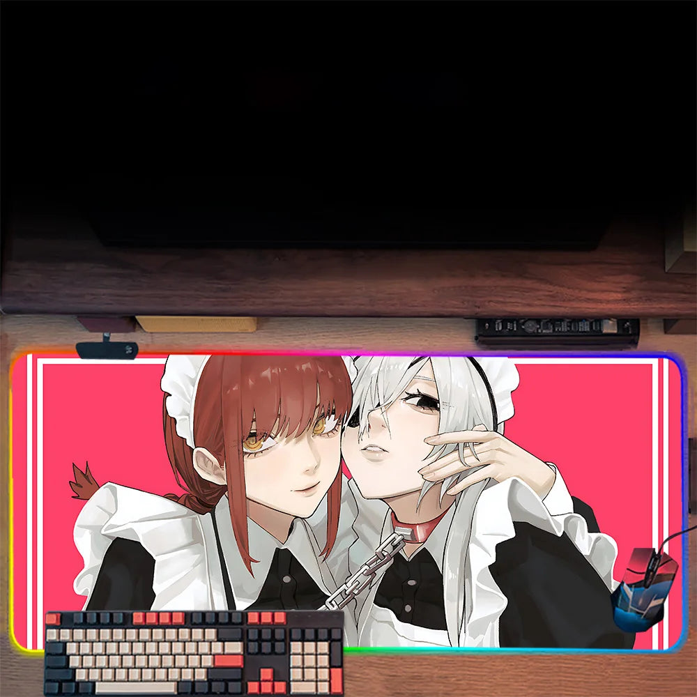 TOPTOY Makima Chainsaw Man RGB gaming mouse pad large desk mat with two characters in maid outfits on pink background
