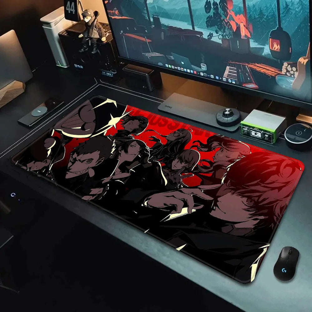 MINISO Persona 5 mouse pad XXL on gaming desk with red black Phantom Thieves artwork and mouse