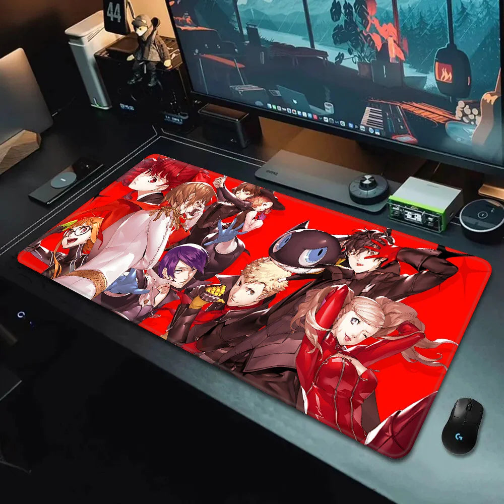 MINISO Persona 5 mouse pad XXL red desk mat featuring Joker and Phantom Thieves over keyboard and mouse