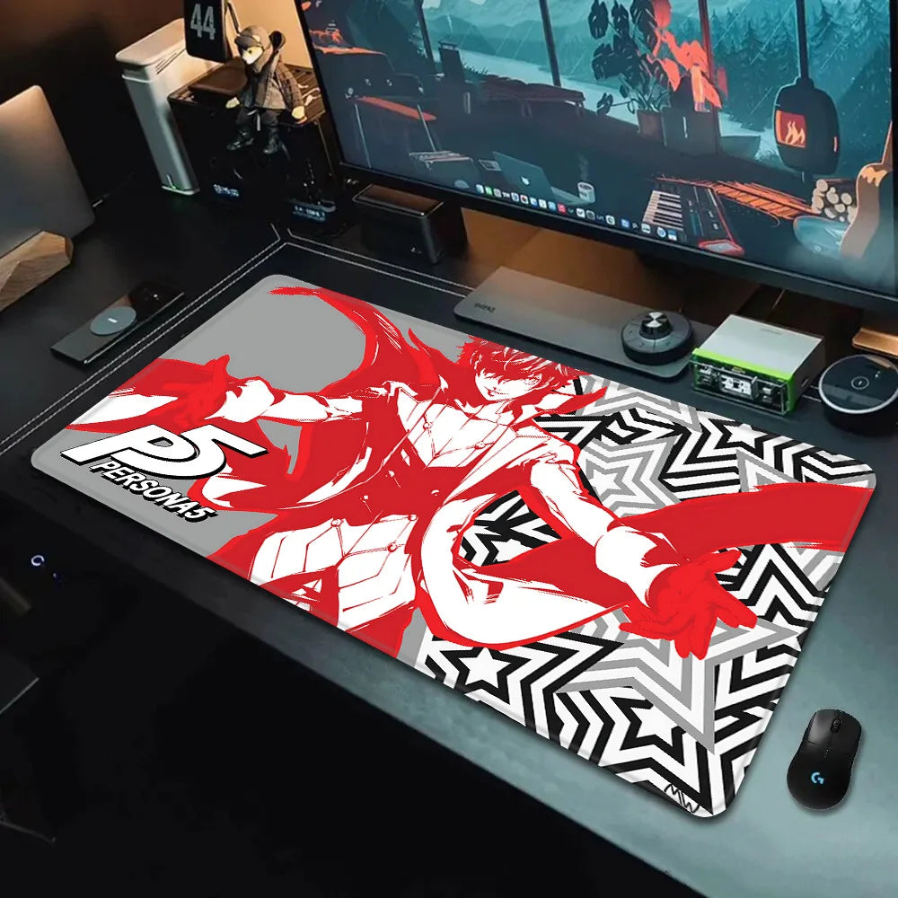 MINISO Persona 5 mouse pad XXL gaming desk mat with red Joker artwork and black white pattern