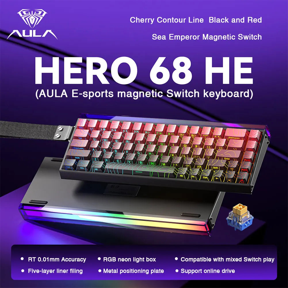 AULA HERO 68HE magnetic switch keyboard compact 68 key RGB e sports keyboard with detachable wrist strap and metal plate
