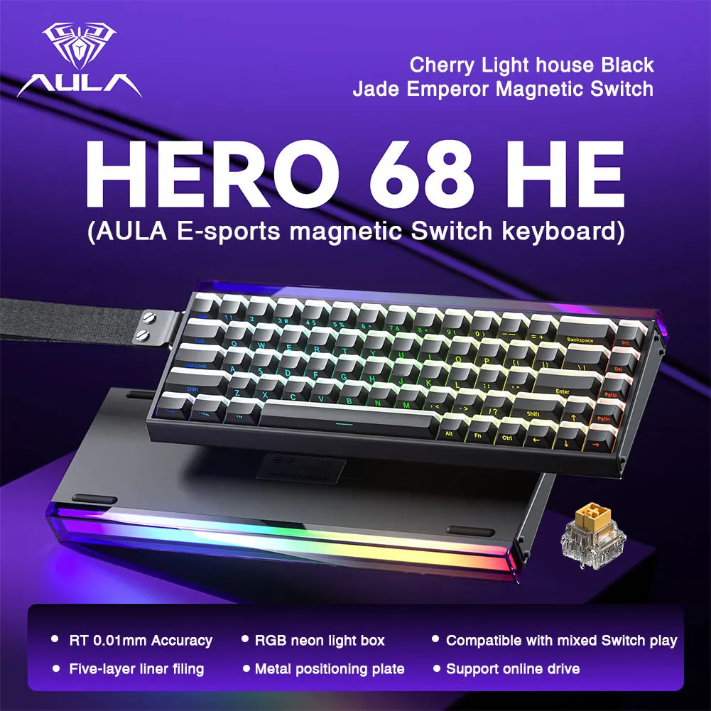 AULA HERO 68HE magnetic switch keyboard compact 68 key RGB mechanical gaming keyboard with aluminum case and detachable wrist strap