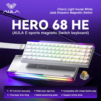 AULA HERO 68HE magnetic switch keyboard white compact 68 key RGB backlit aluminum case for gaming