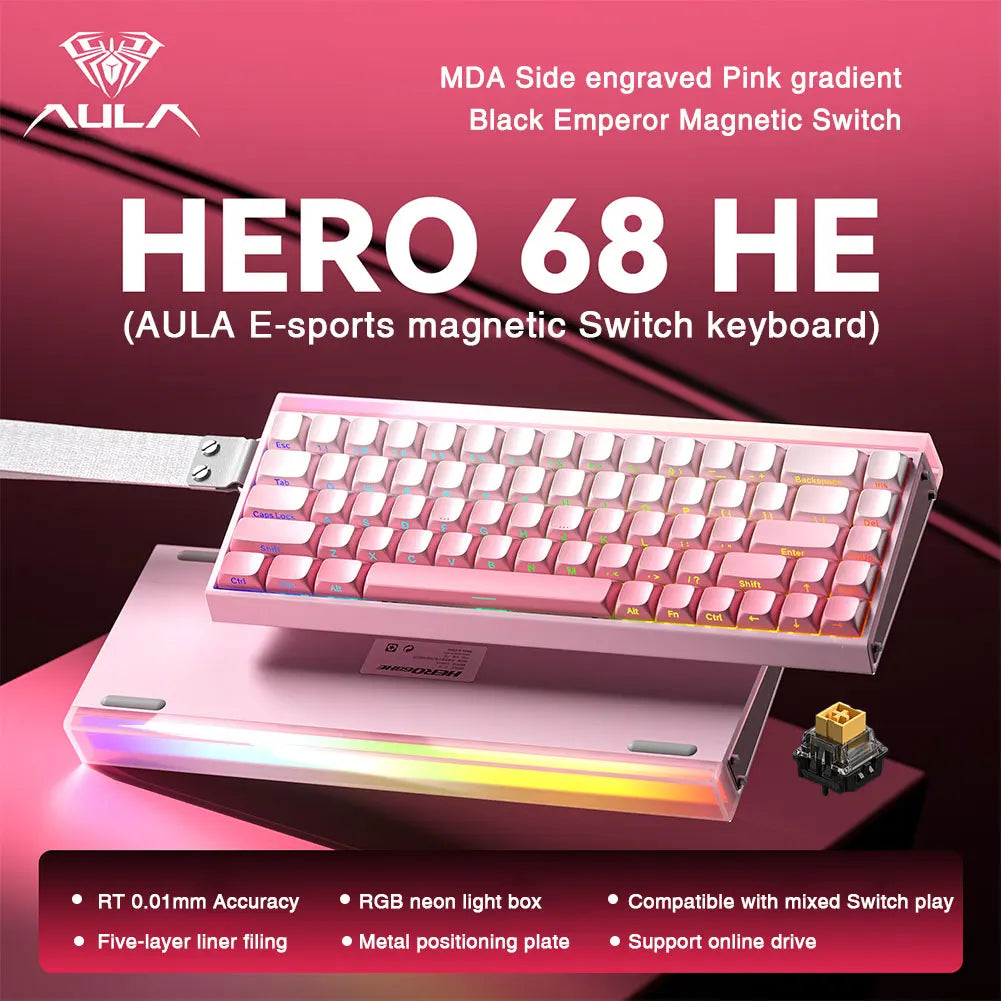 AULA HERO 68HE magnetic switch keyboard pink gradient compact 68 key RGB neon light box with metal frame