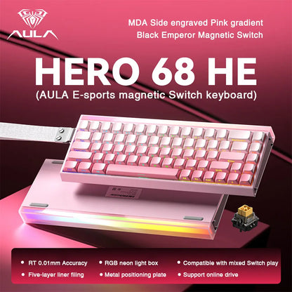 AULA HERO 68HE magnetic switch keyboard pink gradient compact 68 key RGB neon light box with metal frame