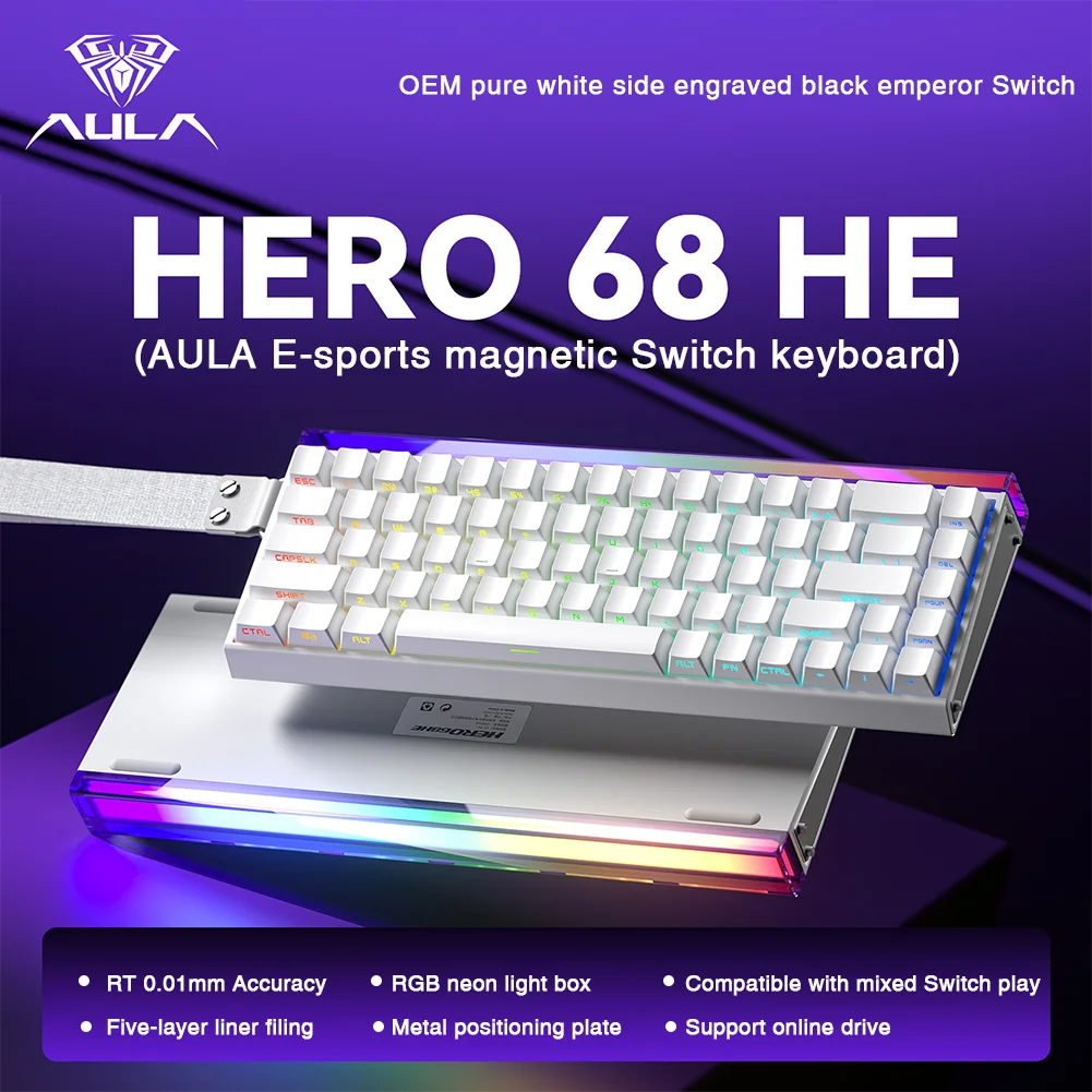 AULA HERO 68HE magnetic switch keyboard white 68 key compact RGB backlit aluminum case with detachable wrist rest