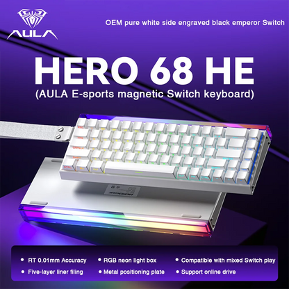 AULA HERO 68HE magnetic switch keyboard white 68 key compact RGB backlit aluminum case with detachable wrist rest